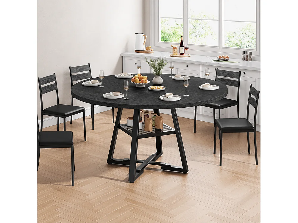 Tavolo per Sala da Pranzo Tondo Nero con Ripiano Portaoggetti 120x120x76cm