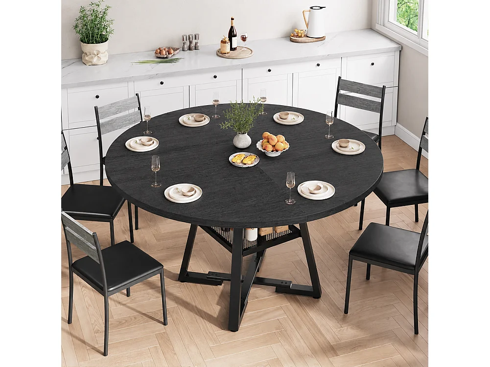 Tavolo per Sala da Pranzo Tondo Nero con Ripiano Portaoggetti 120x120x76cm