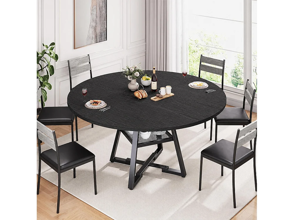 Tavolo per Sala da Pranzo Tondo Nero con Ripiano Portaoggetti 120x120x76cm