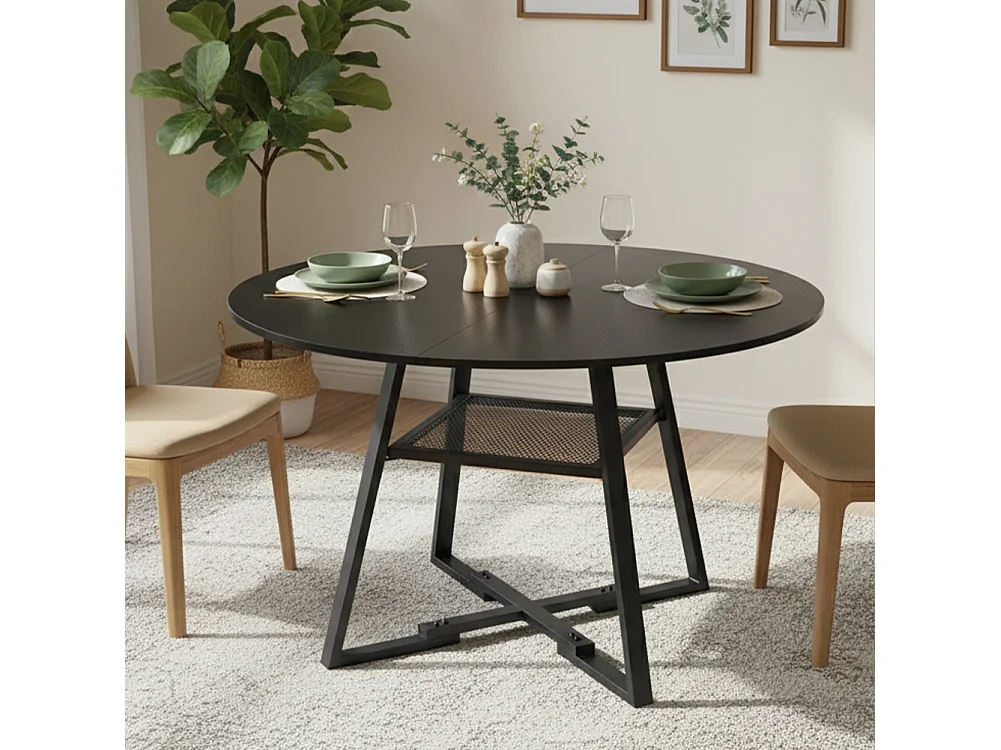 Tavolo per Sala da Pranzo Tondo Nero con Ripiano Portaoggetti 120x120x76cm