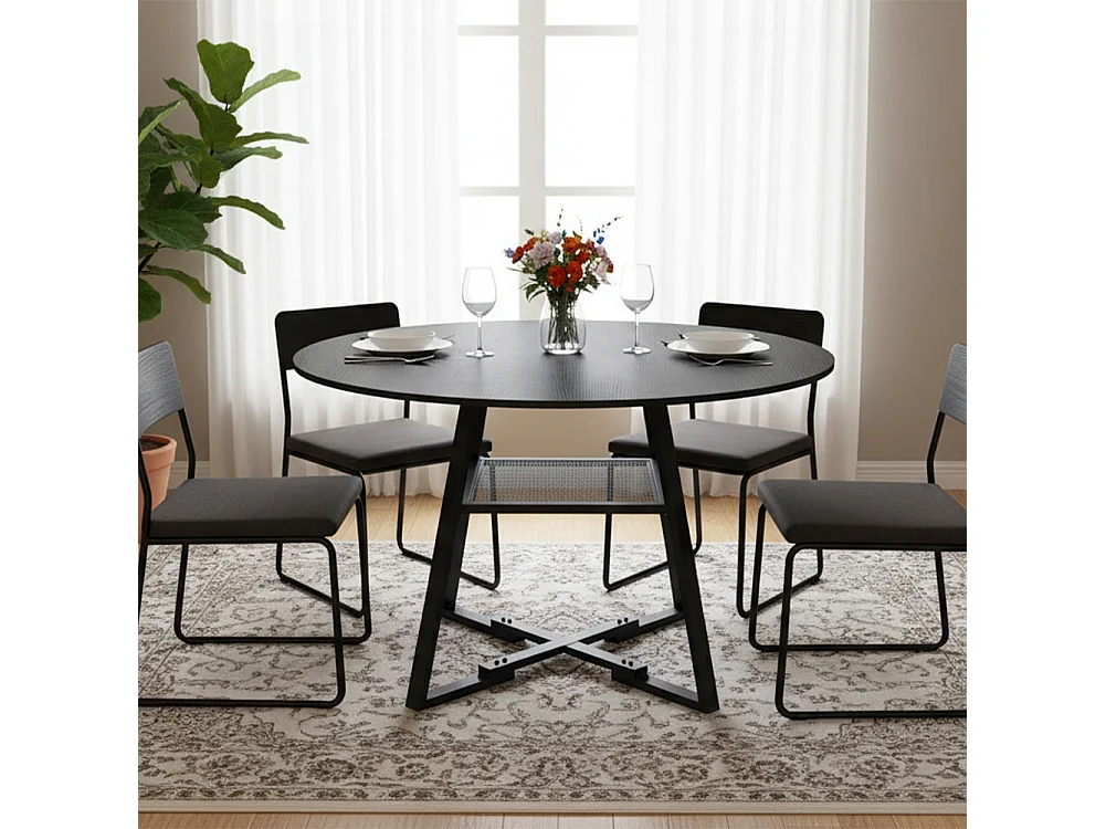 Tavolo per Sala da Pranzo Tondo Nero con Ripiano Portaoggetti 120x120x76cm