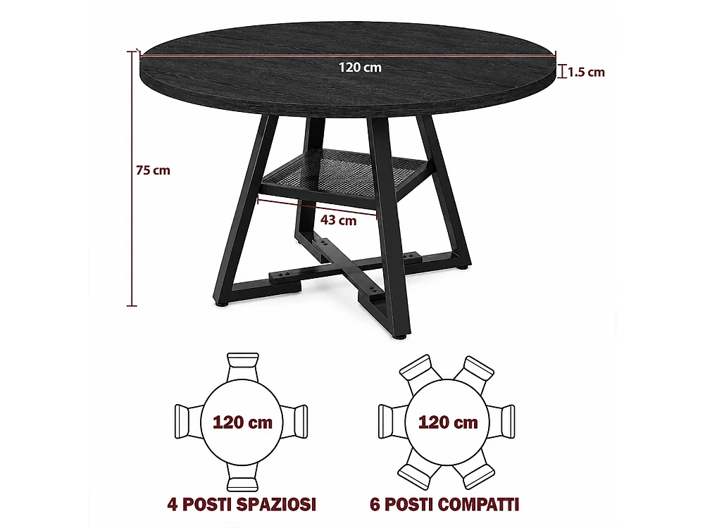 Tavolo per Sala da Pranzo Tondo Nero con Ripiano Portaoggetti 120x120x76cm