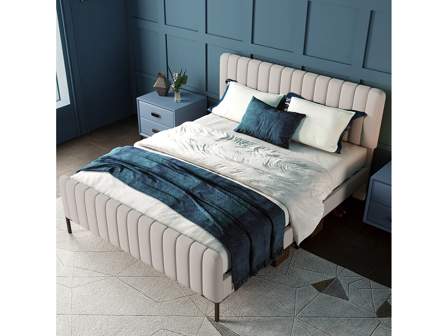 Lit adulte 140x190 cm en lin beige grisé clair avec tête de lit réglable et sommier à lattes, sans matelas