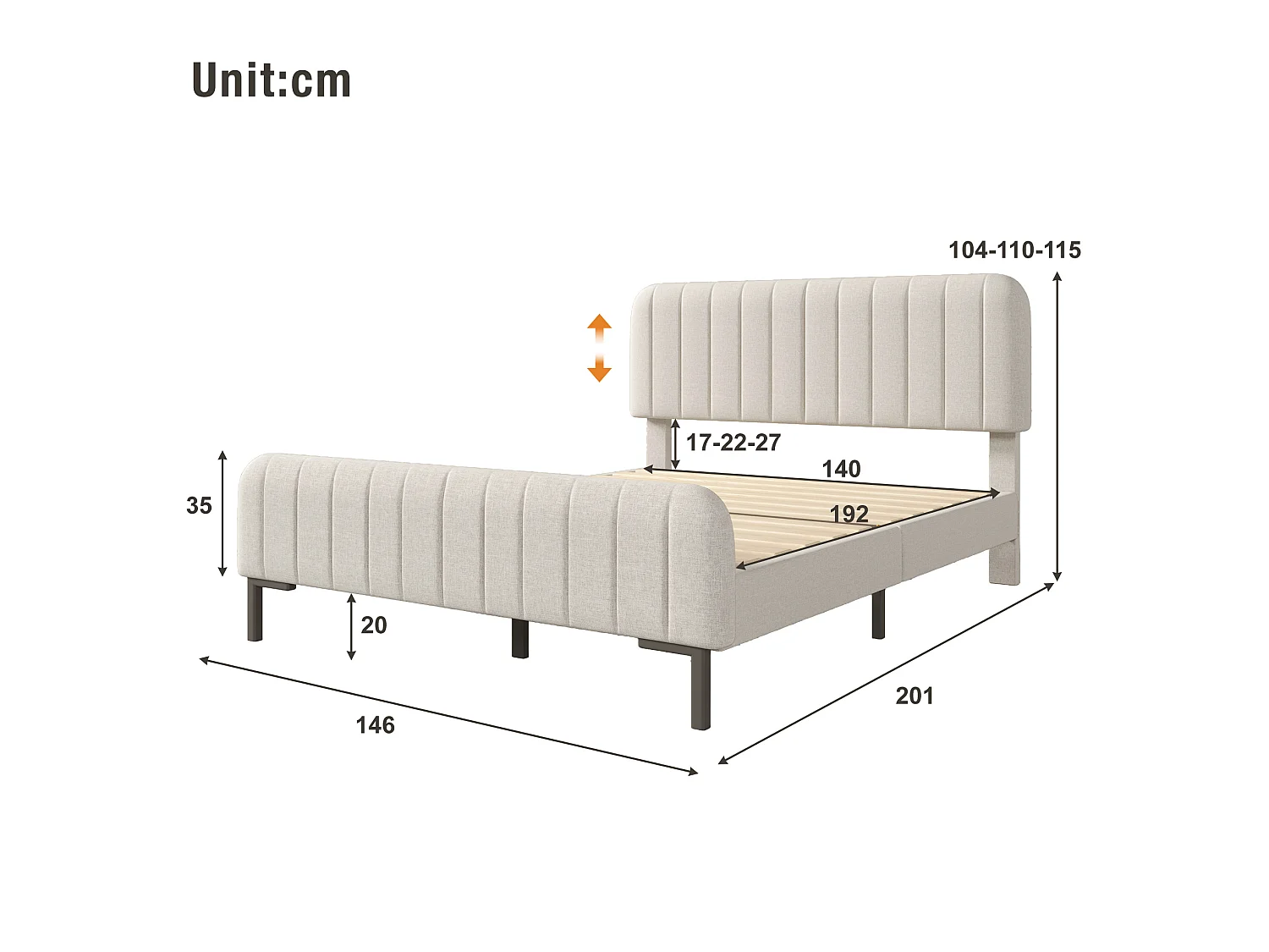 Lit adulte 140x190 cm en lin beige grisé clair avec tête de lit réglable et sommier à lattes, sans matelas