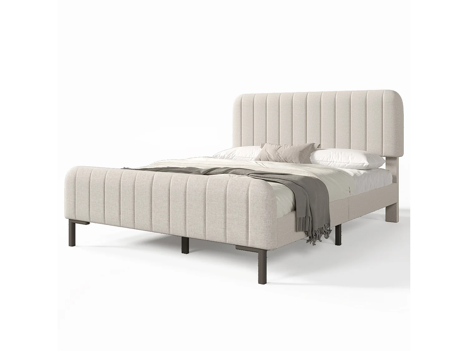 Lit adulte 140x190 cm en lin beige grisé clair avec tête de lit réglable et sommier à lattes, sans matelas