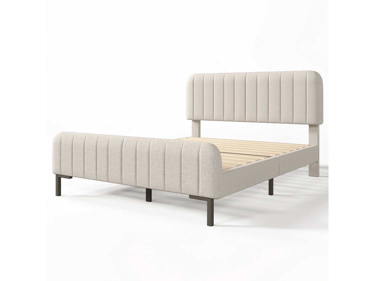 Lit adulte 140x190 cm en lin beige grisé clair avec tête de lit réglable et sommier à lattes, sans matelas