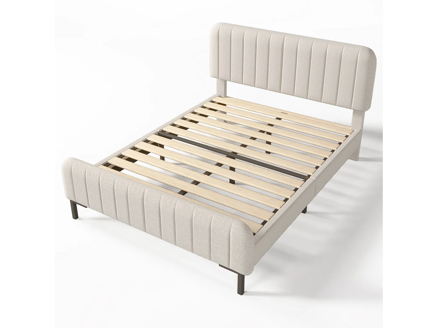 Lit adulte 140x190 cm en lin beige grisé clair avec tête de lit réglable et sommier à lattes, sans matelas