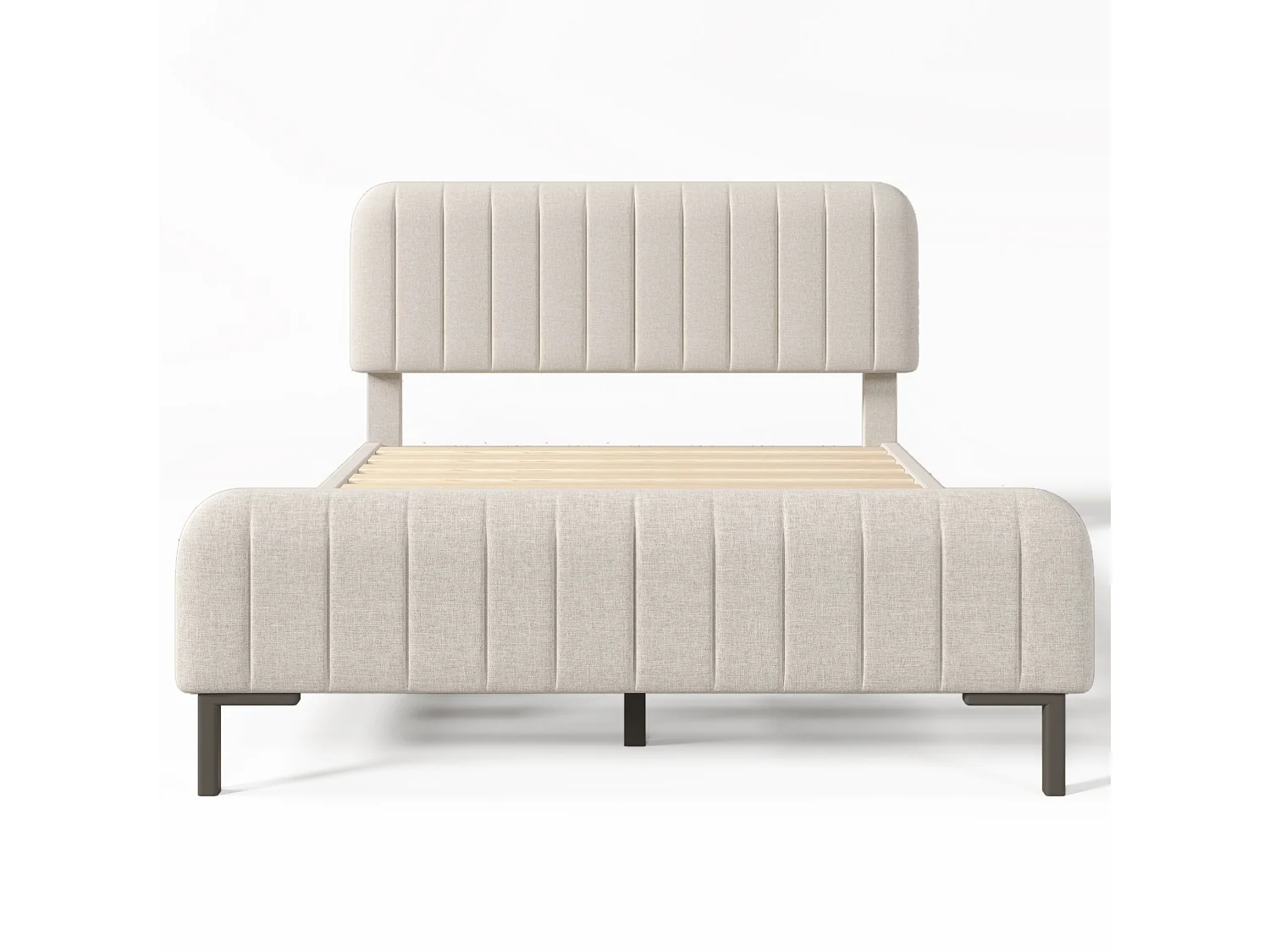 Lit adulte 140x190 cm en lin beige grisé clair avec tête de lit réglable et sommier à lattes, sans matelas