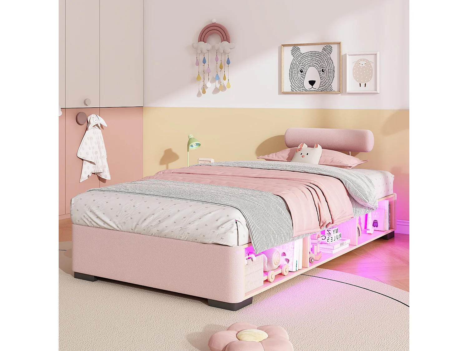 Lit enfant 90x200 cm en velours rose avec étagère LED et têtes de lit modulables, sans matelas