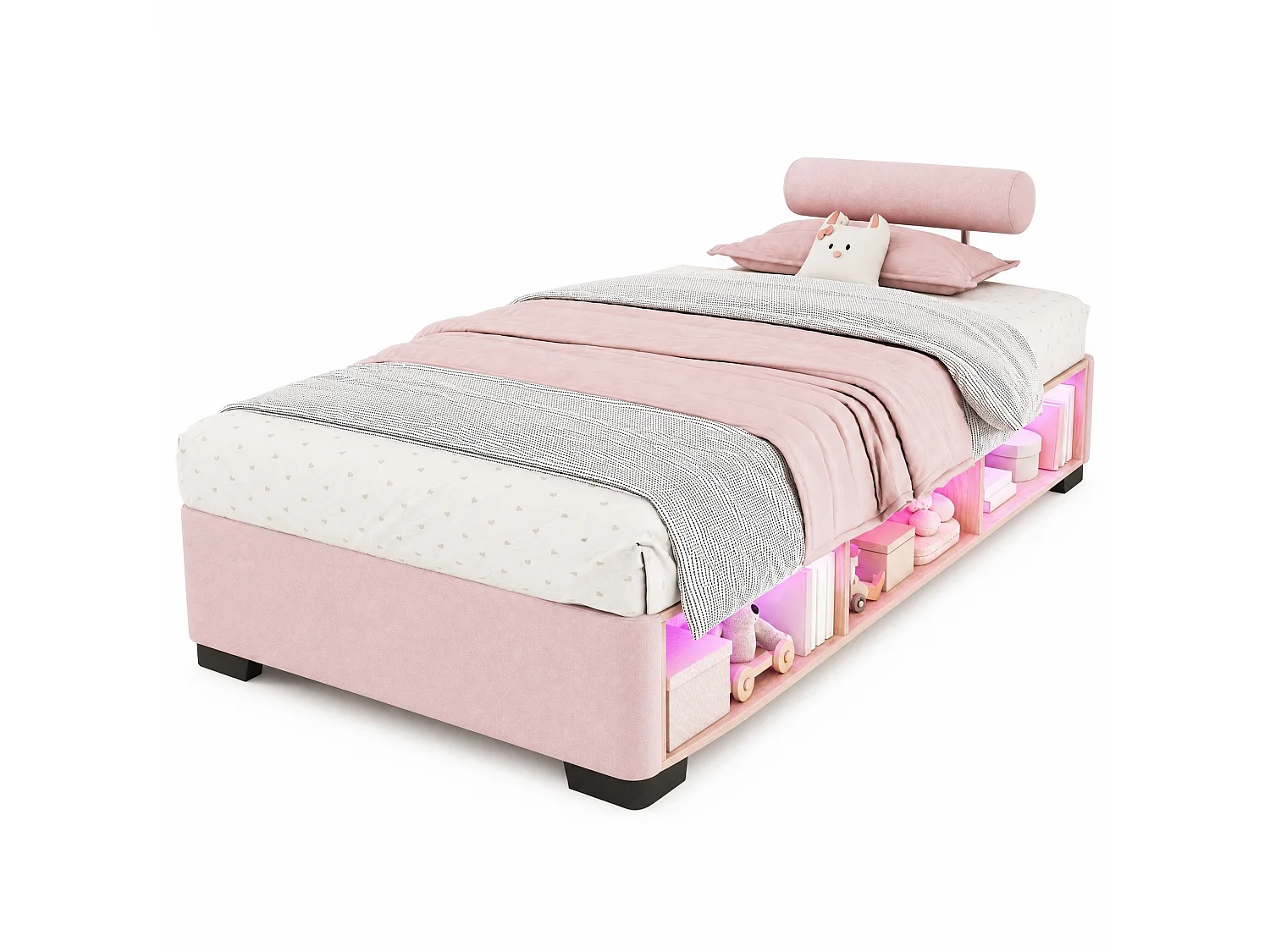 Lit enfant 90x200 cm en velours rose avec étagère LED et têtes de lit modulables, sans matelas