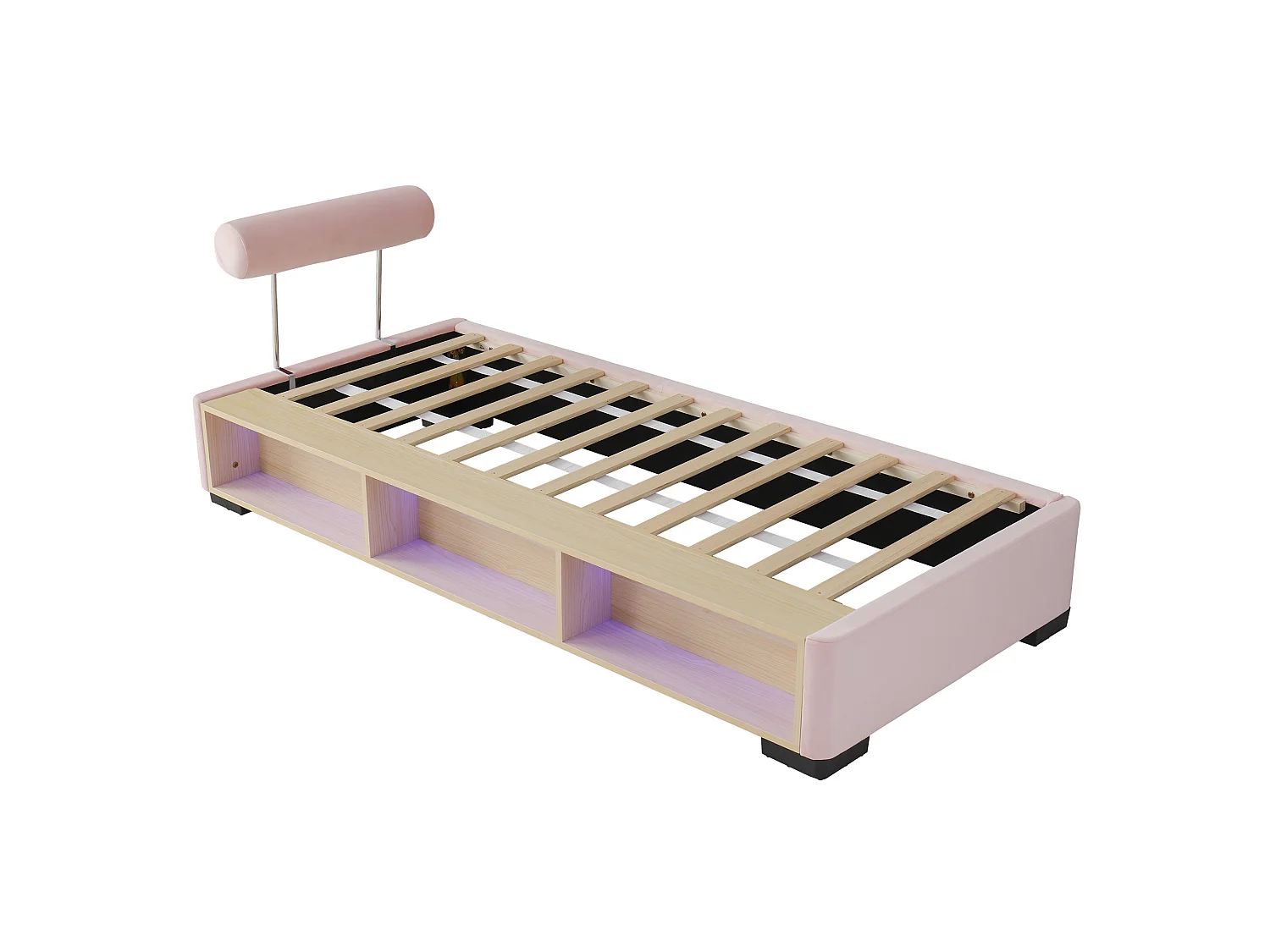 Lit enfant 90x200 cm en velours rose avec étagère LED et têtes de lit modulables, sans matelas