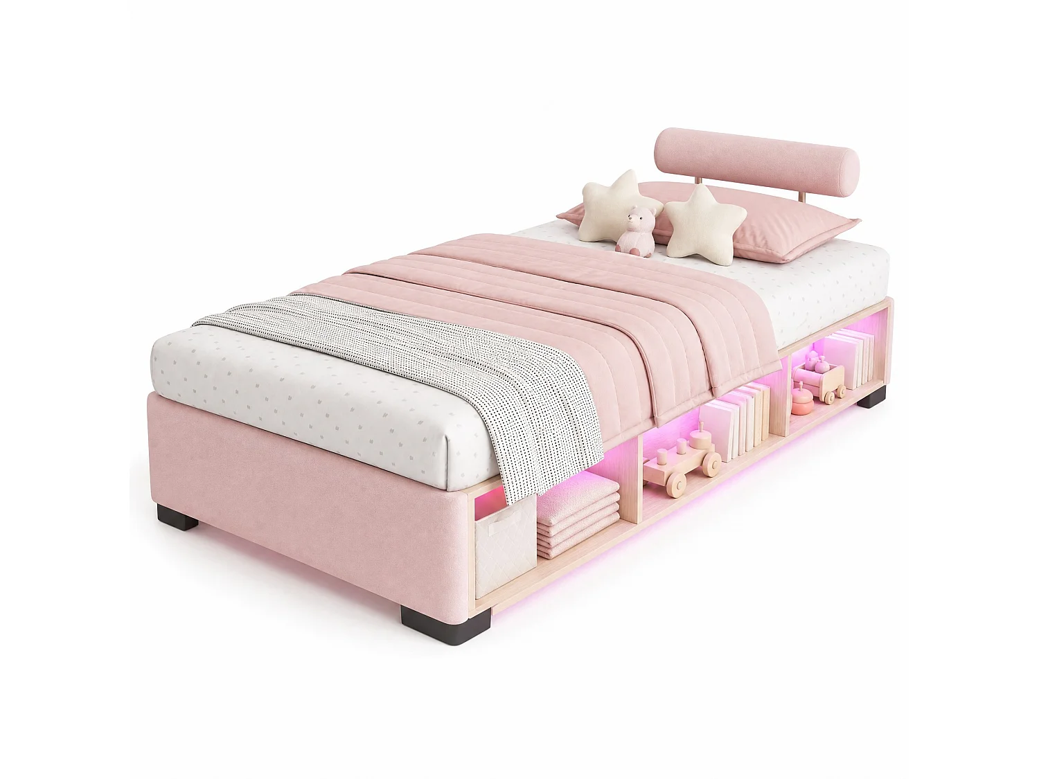 Lit enfant 90x200 cm en velours rose avec étagère LED et têtes de lit modulables, sans matelas