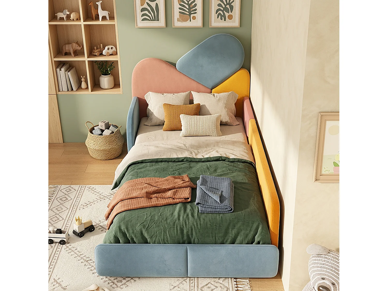 Kinderbett 90x200 cm aus buntem Velours, Kopfteil und seitliche Schutzleisten, ohne Matratze