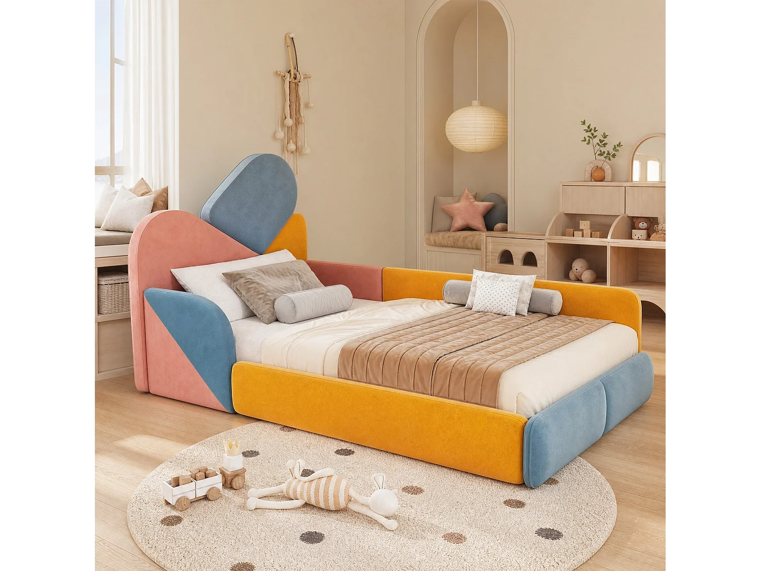 Kinderbett 90x200 cm aus buntem Velours, Kopfteil und seitliche Schutzleisten, ohne Matratze