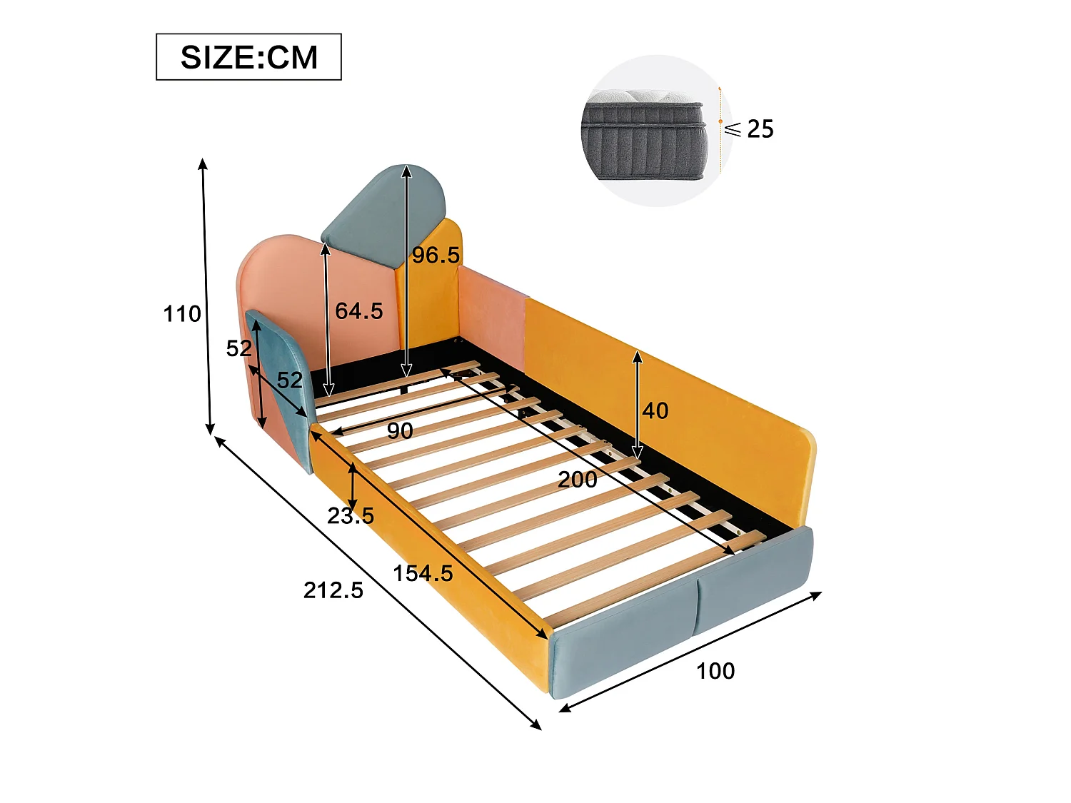 Kinderbett 90x200 cm aus buntem Velours, Kopfteil und seitliche Schutzleisten, ohne Matratze