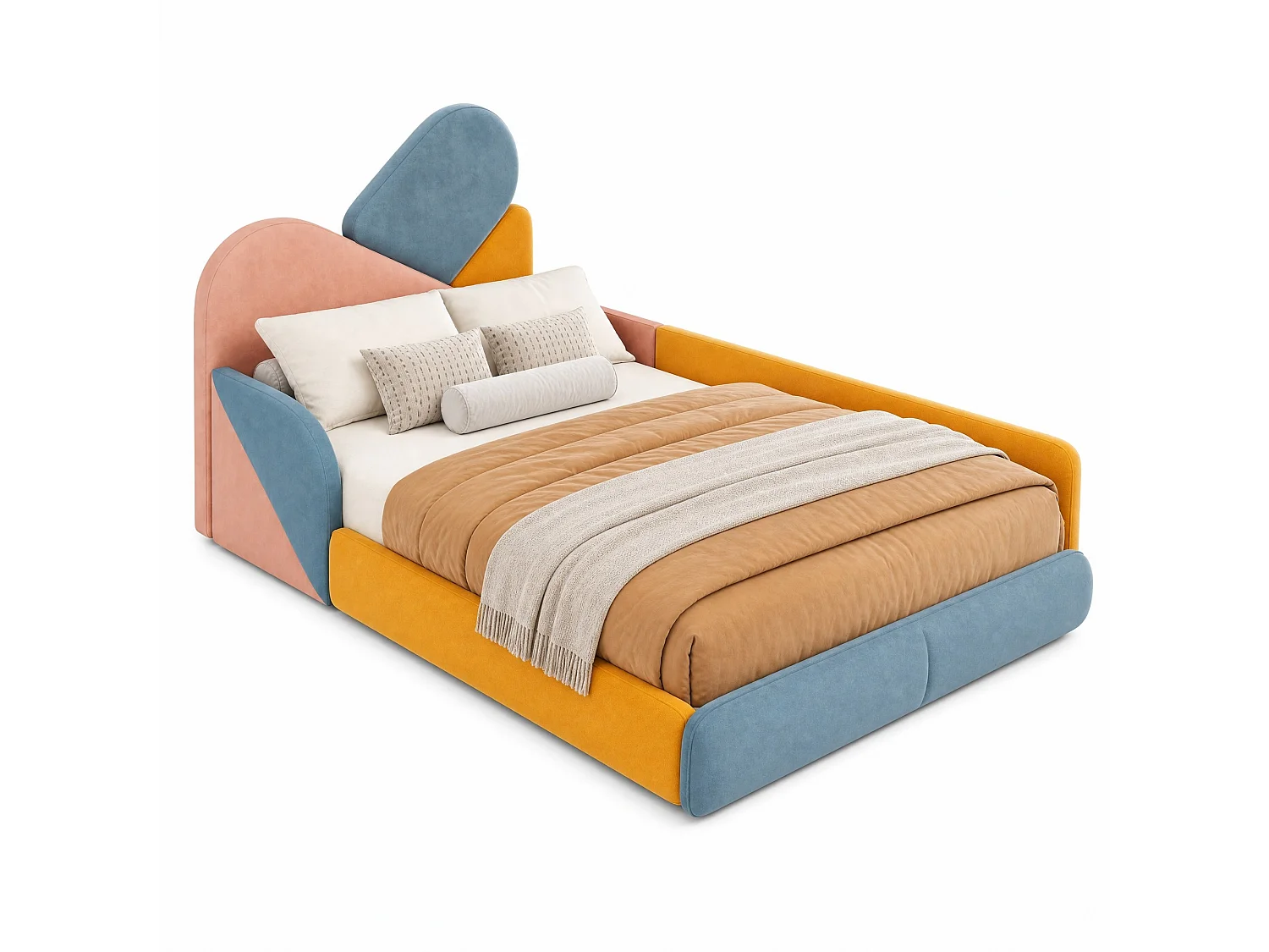 Kinderbett 90x200 cm aus buntem Velours, Kopfteil und seitliche Schutzleisten, ohne Matratze