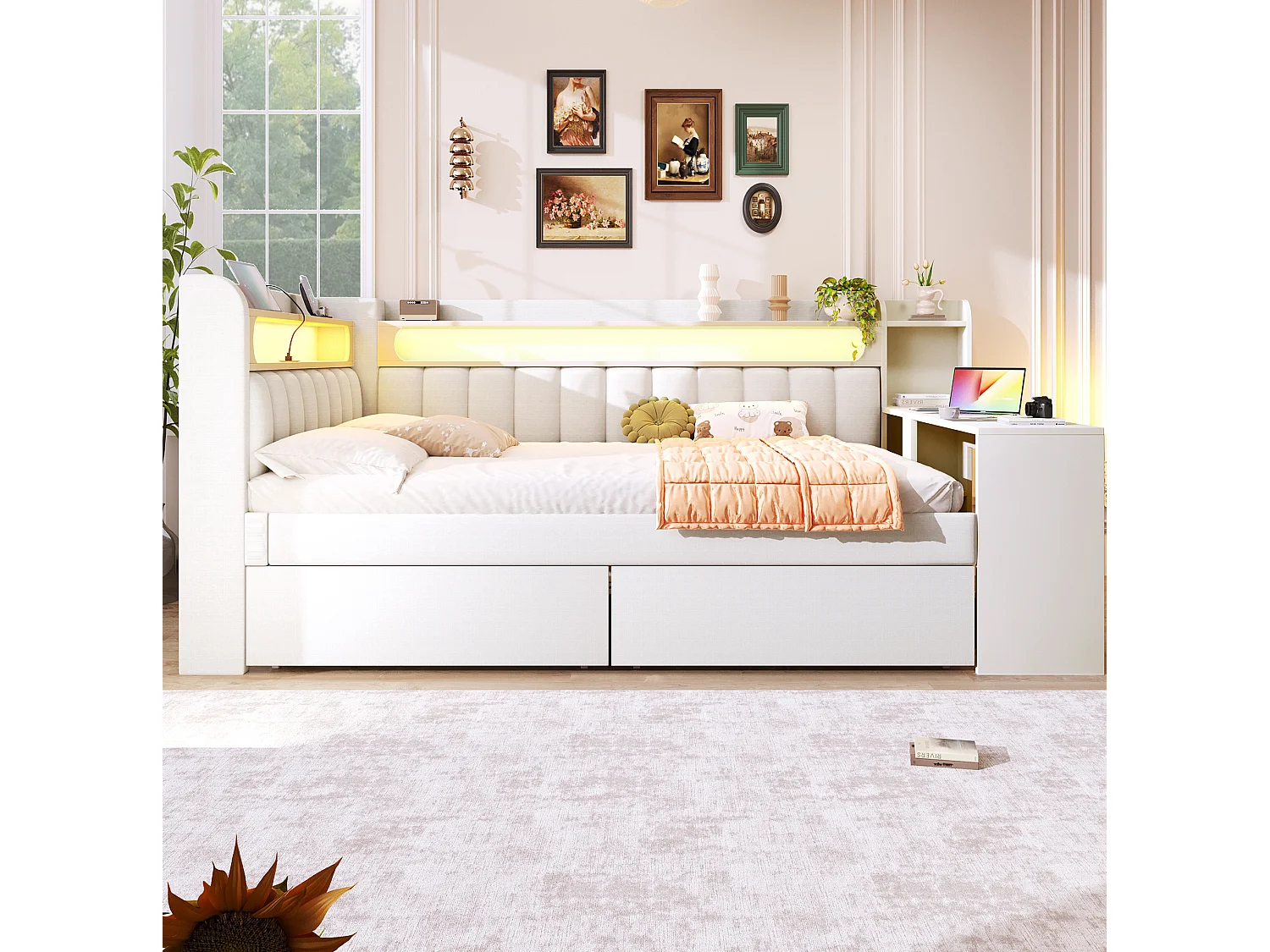 Tagesbett 140x200 cm weiß Leinen, integrierter Schreibtisch, 2 Schubladen, LED, USB, ohne Matratze