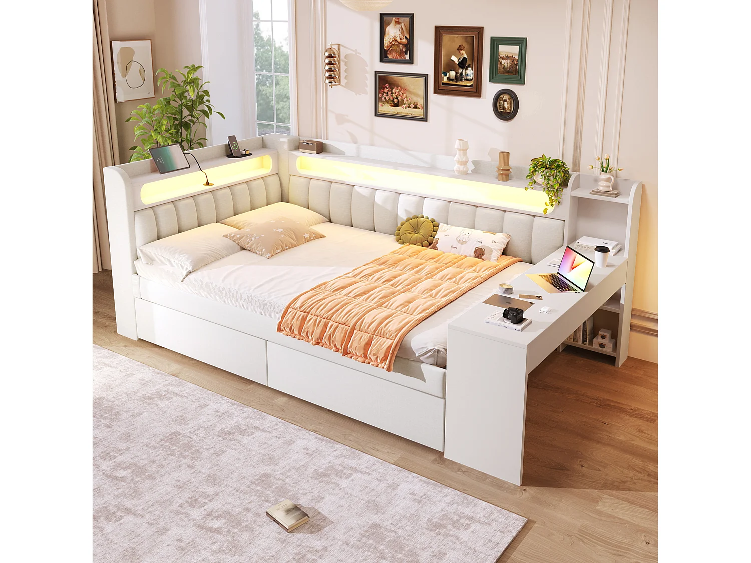 Tagesbett 140x200 cm weiß Leinen, integrierter Schreibtisch, 2 Schubladen, LED, USB, ohne Matratze