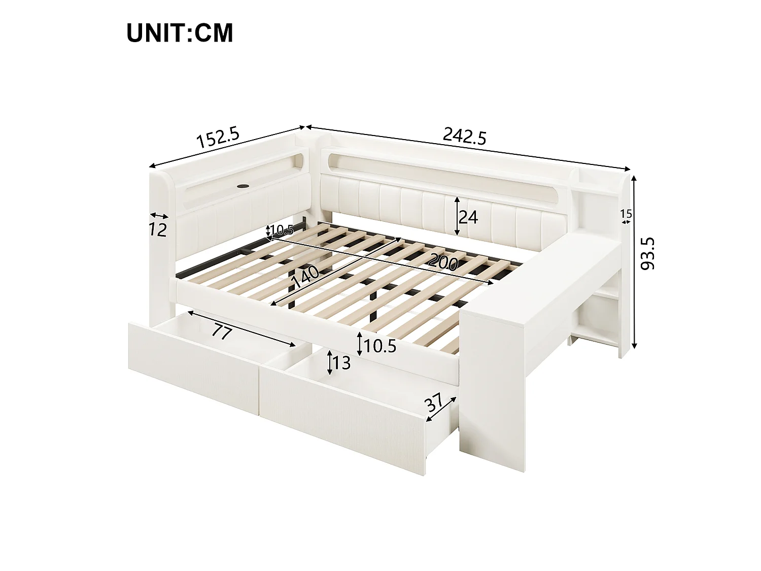 Tagesbett 140x200 cm weiß Leinen, integrierter Schreibtisch, 2 Schubladen, LED, USB, ohne Matratze