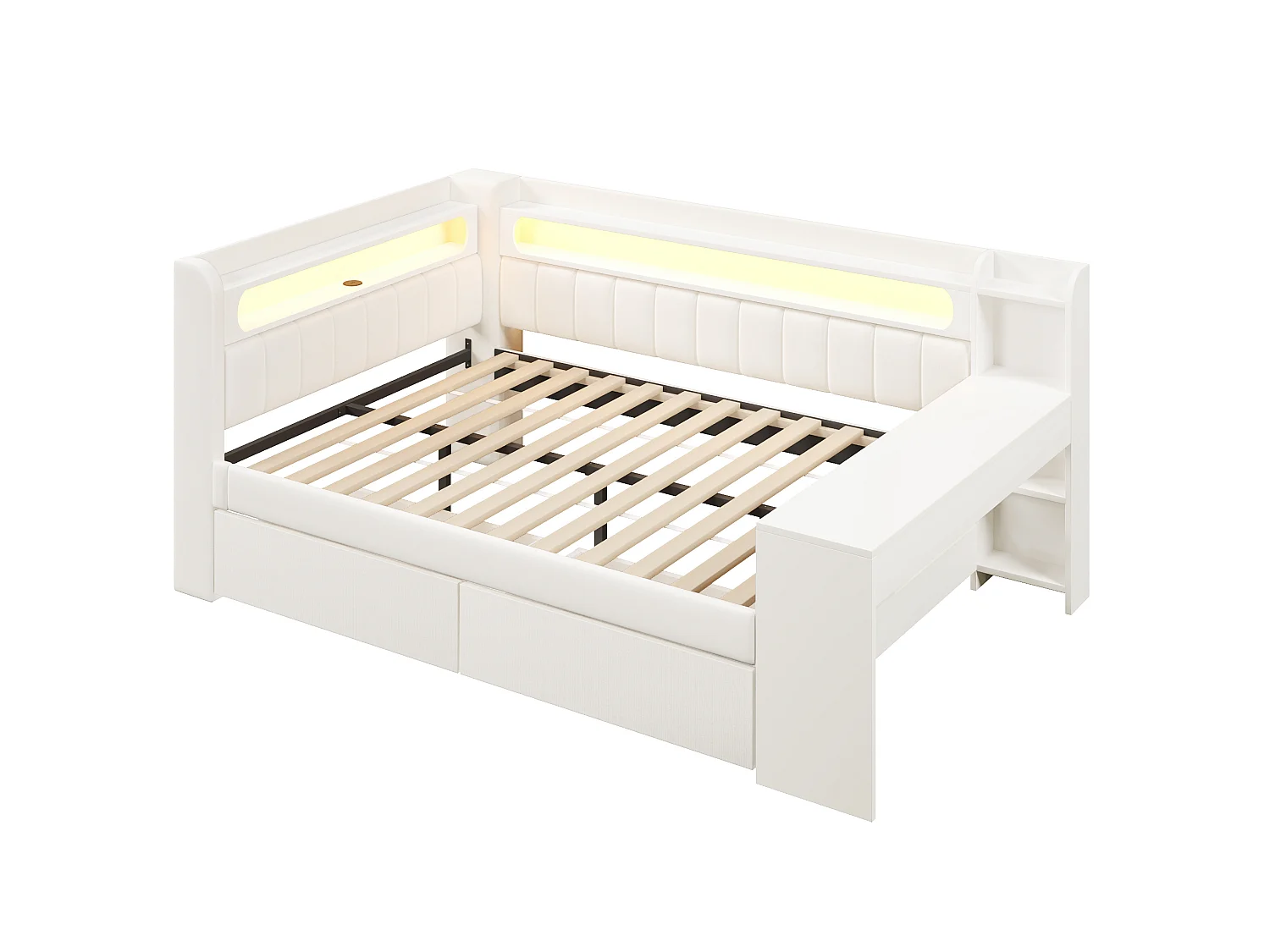 Tagesbett 140x200 cm weiß Leinen, integrierter Schreibtisch, 2 Schubladen, LED, USB, ohne Matratze