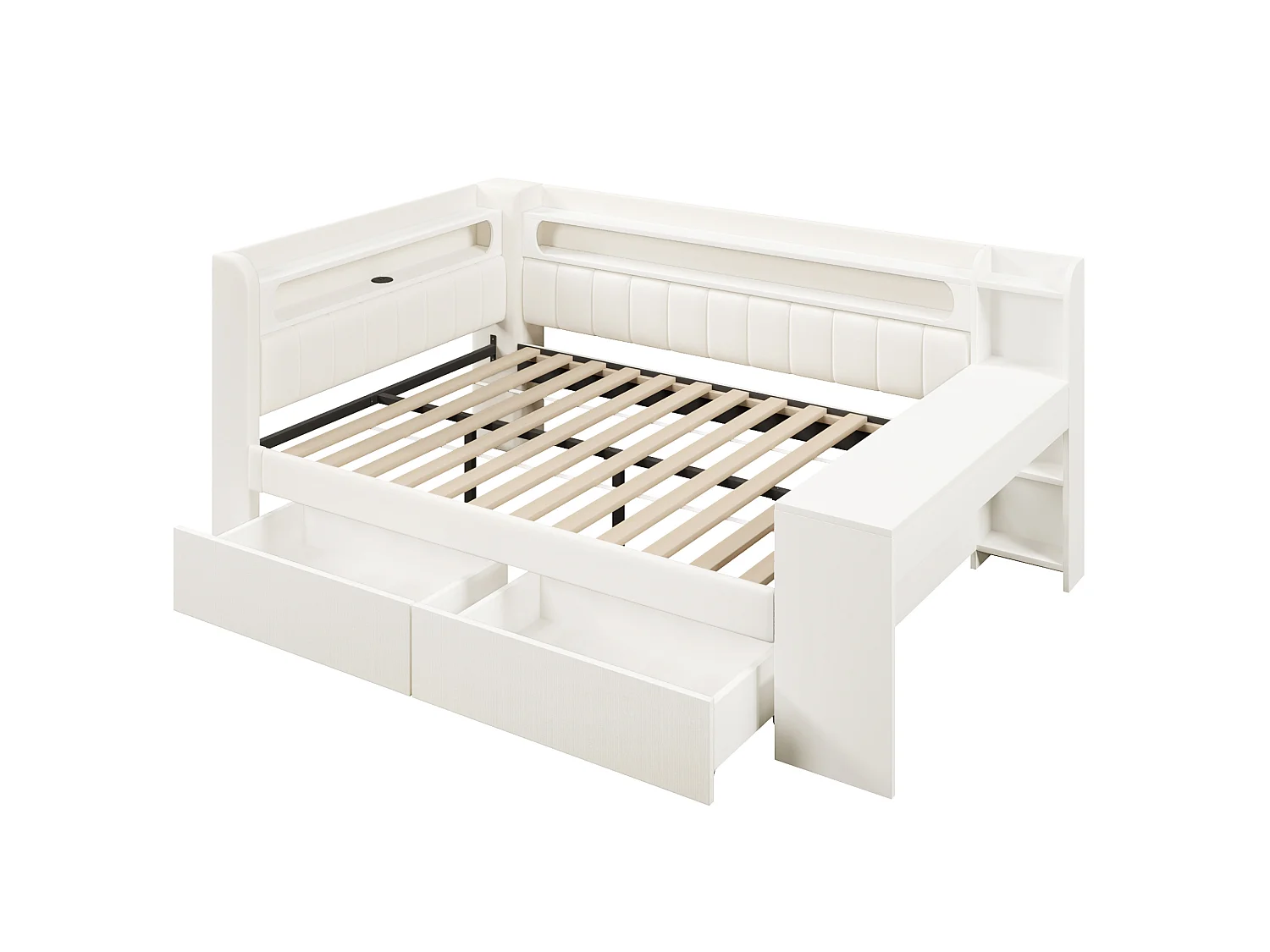 Tagesbett 140x200 cm weiß Leinen, integrierter Schreibtisch, 2 Schubladen, LED, USB, ohne Matratze