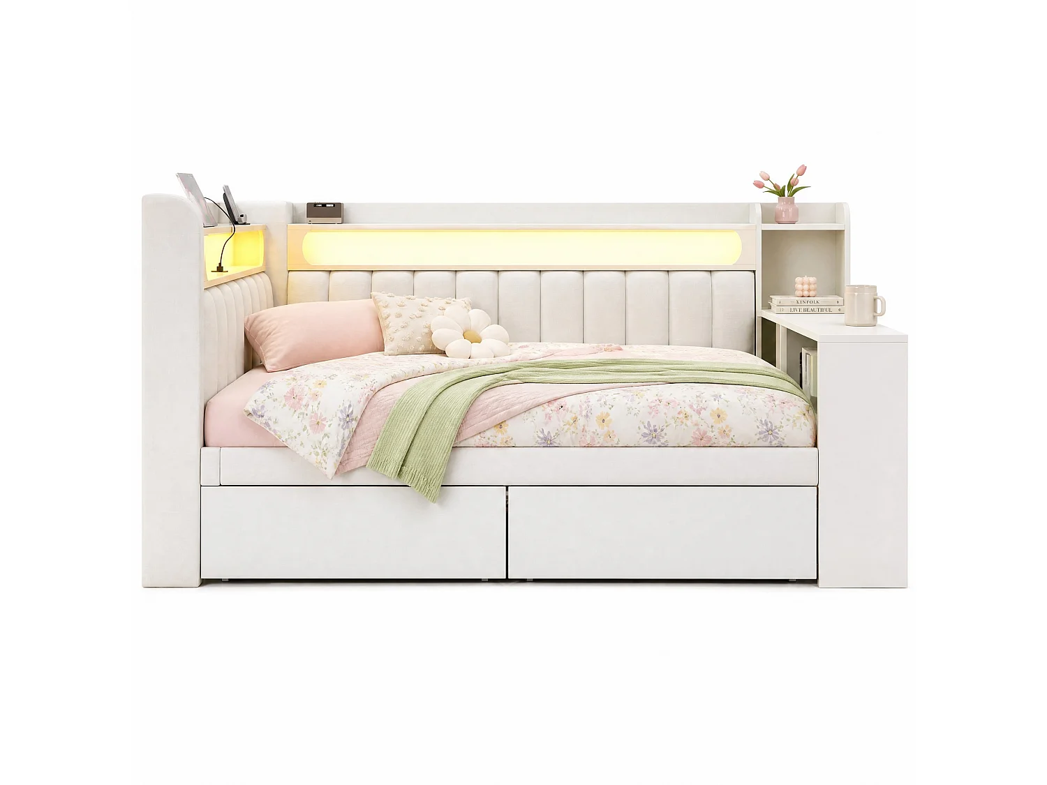 Tagesbett 140x200 cm weiß Leinen, integrierter Schreibtisch, 2 Schubladen, LED, USB, ohne Matratze
