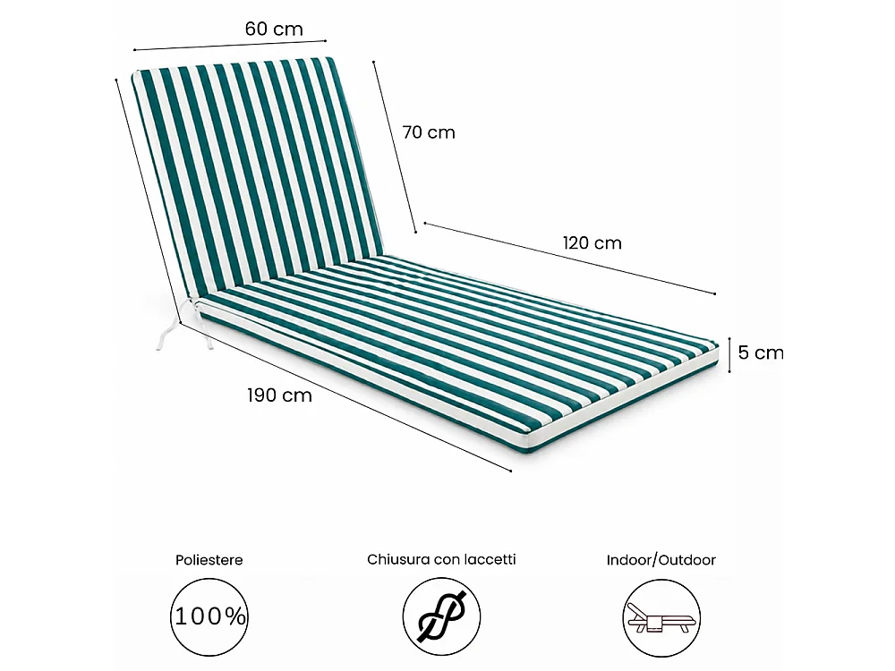 Tempo Style - Cuscino per lettino da esterno 190×60 cm a righe con schienale reclinabile e laccetti in poliestere – Verde/Bianco