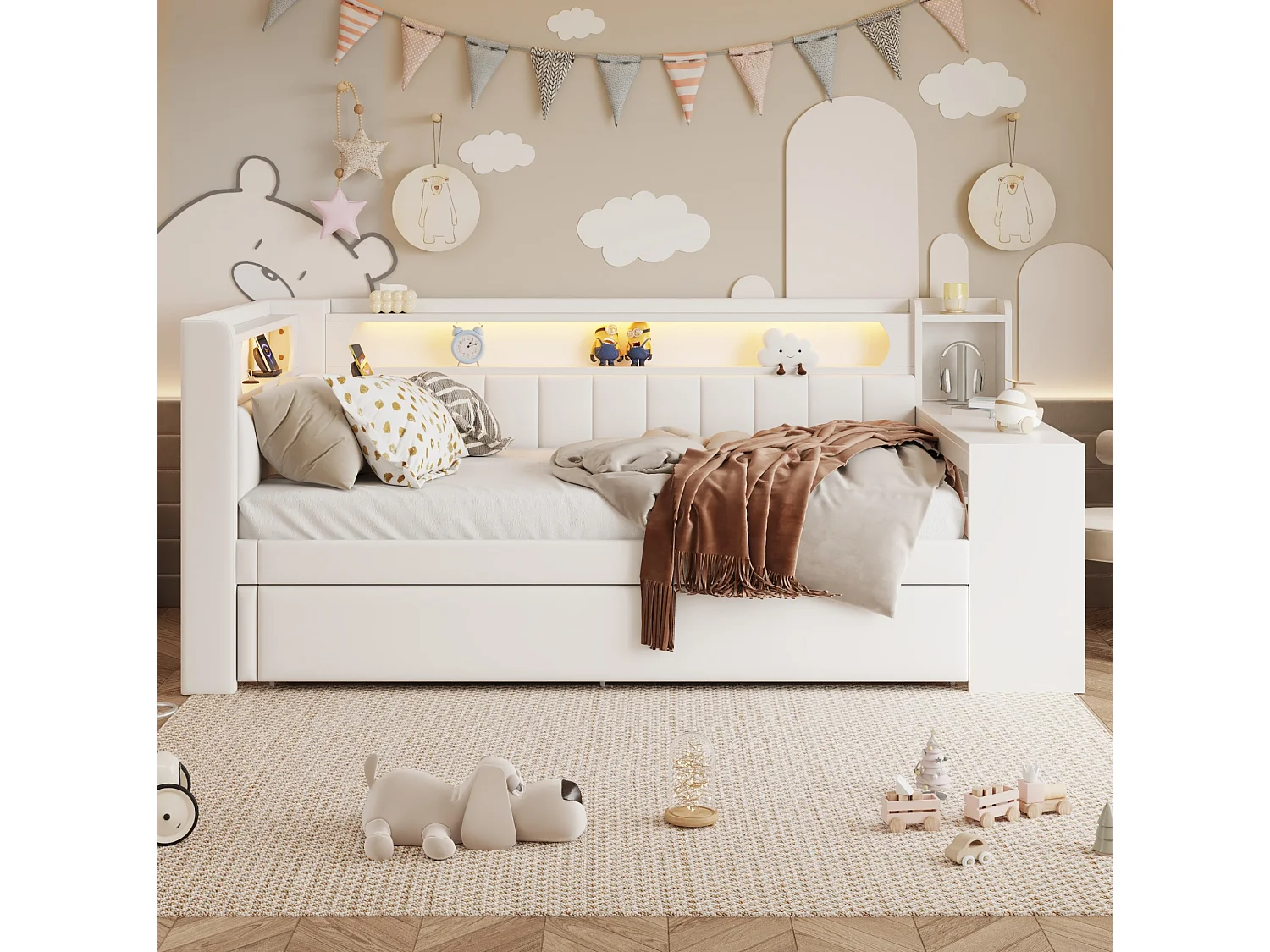 Lit banquette gigogne 90x200 cm en lin blanc avec bureau intégré, lit d'appoint 90x190, LED, USB et étagères, sans matelas