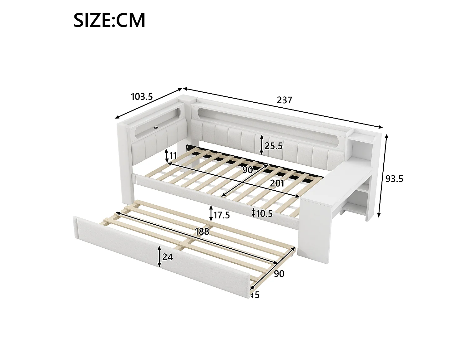 Lit banquette gigogne 90x200 cm en lin blanc avec bureau intégré, lit d'appoint 90x190, LED, USB et étagères, sans matelas