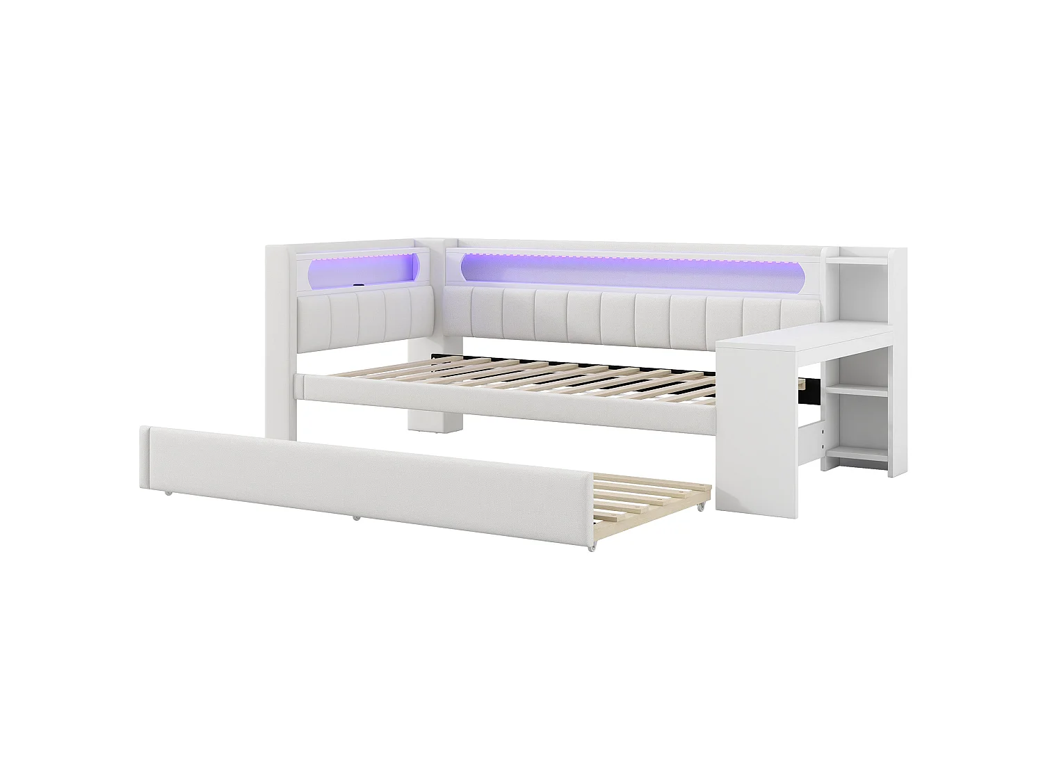 Lit banquette gigogne 90x200 cm en lin blanc avec bureau intégré, lit d'appoint 90x190, LED, USB et étagères, sans matelas
