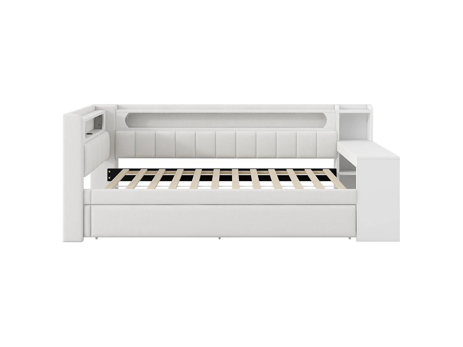 Lit banquette gigogne 90x200 cm en lin blanc avec bureau intégré, lit d'appoint 90x190, LED, USB et étagères, sans matelas