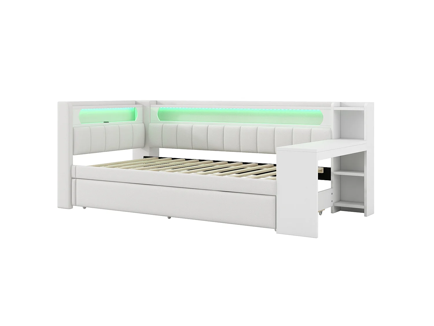 Lit banquette gigogne 90x200 cm en lin blanc avec bureau intégré, lit d'appoint 90x190, LED, USB et étagères, sans matelas