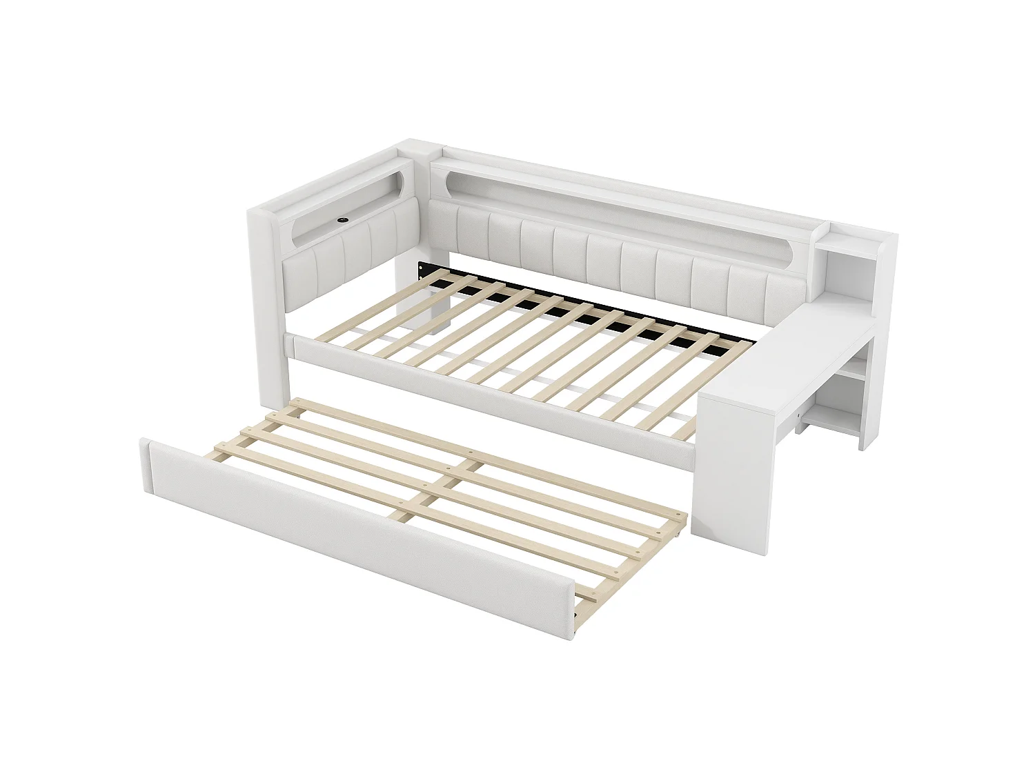 Lit banquette gigogne 90x200 cm en lin blanc avec bureau intégré, lit d'appoint 90x190, LED, USB et étagères, sans matelas