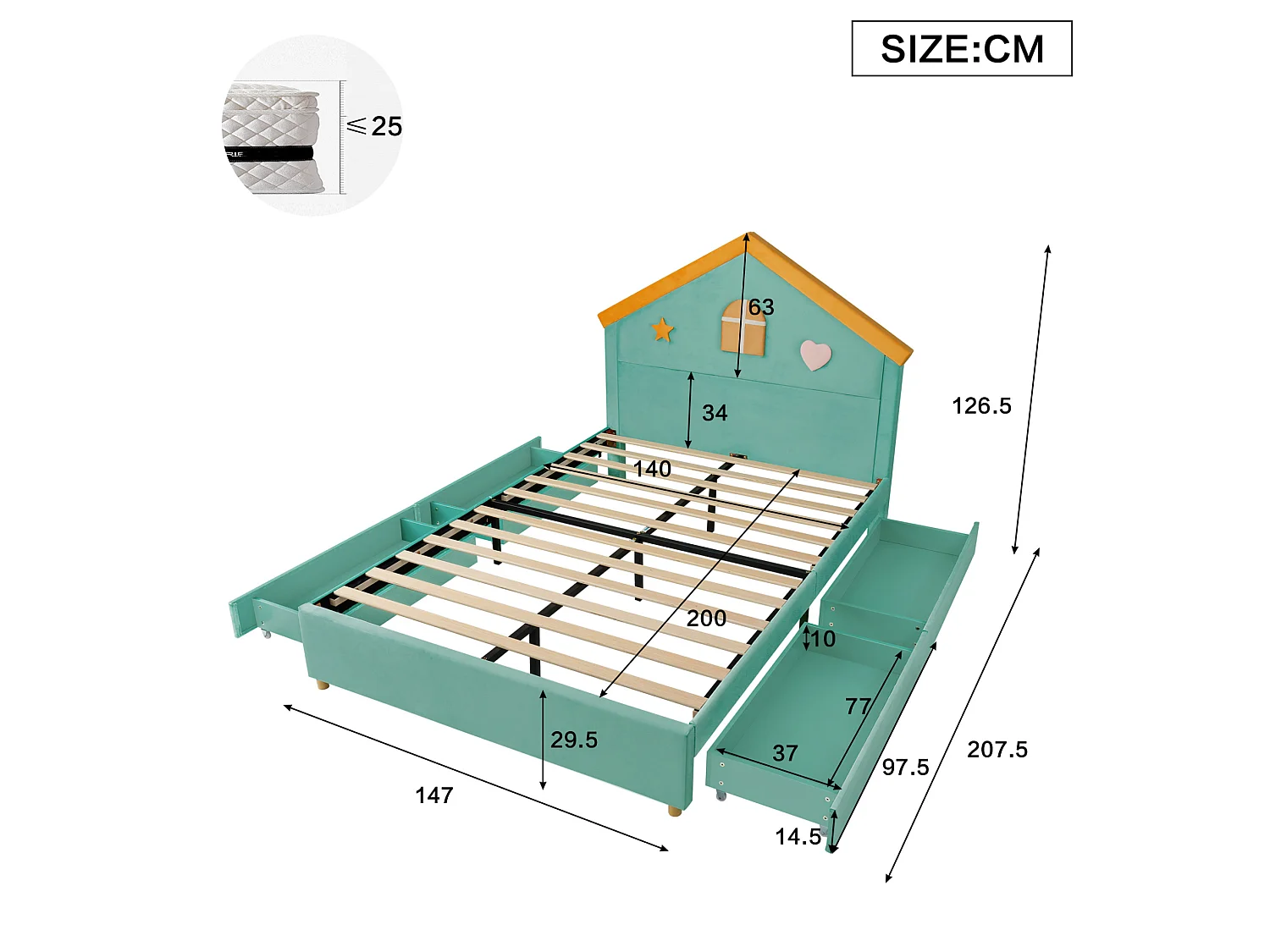 Kinderhausbett 140x200 cm aus blaugrünem Velours, Kopfteil in Hausform, 4 Schubladen, ohne Matratze
