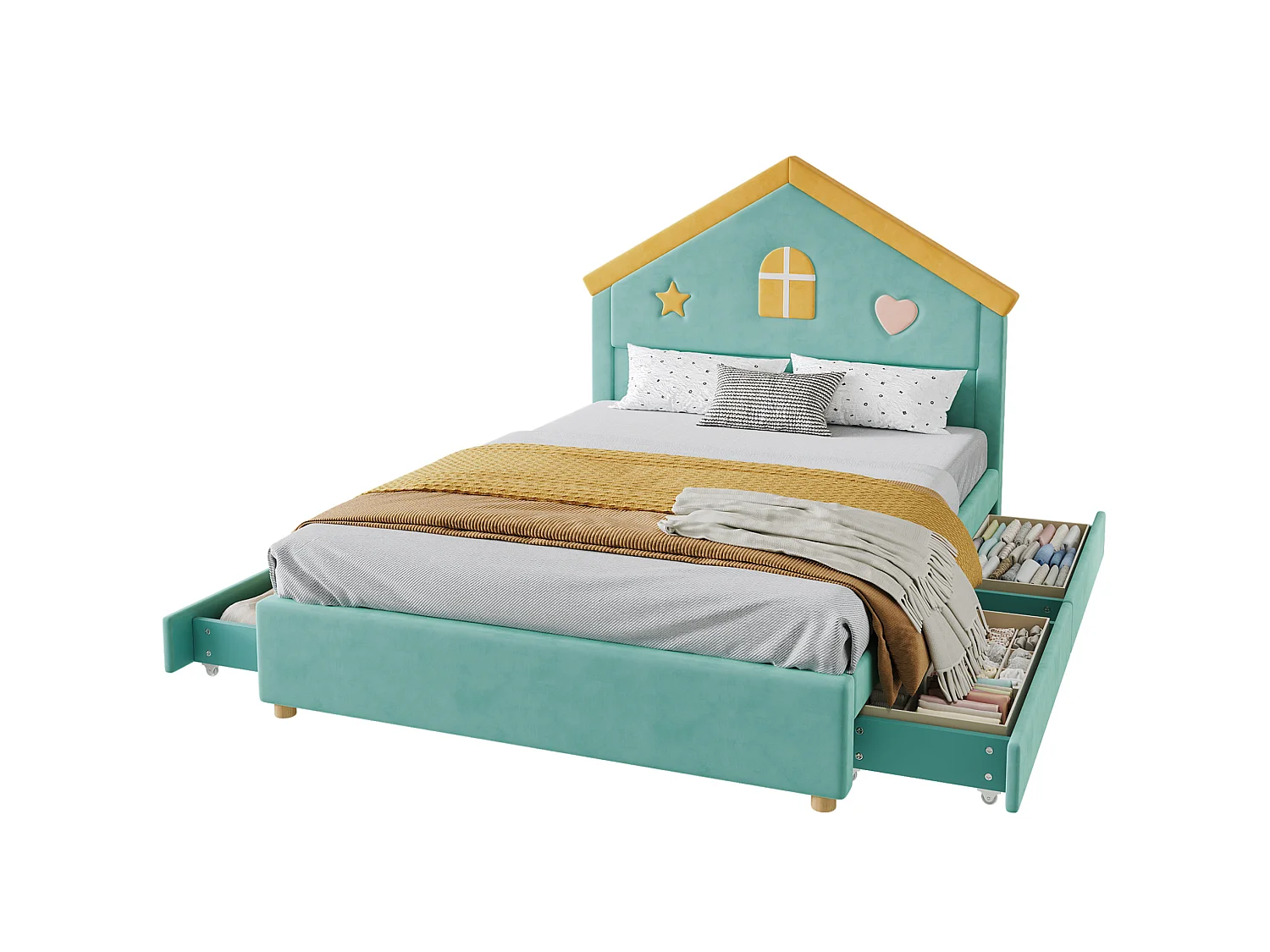 Kinderhausbett 140x200 cm aus blaugrünem Velours, Kopfteil in Hausform, 4 Schubladen, ohne Matratze