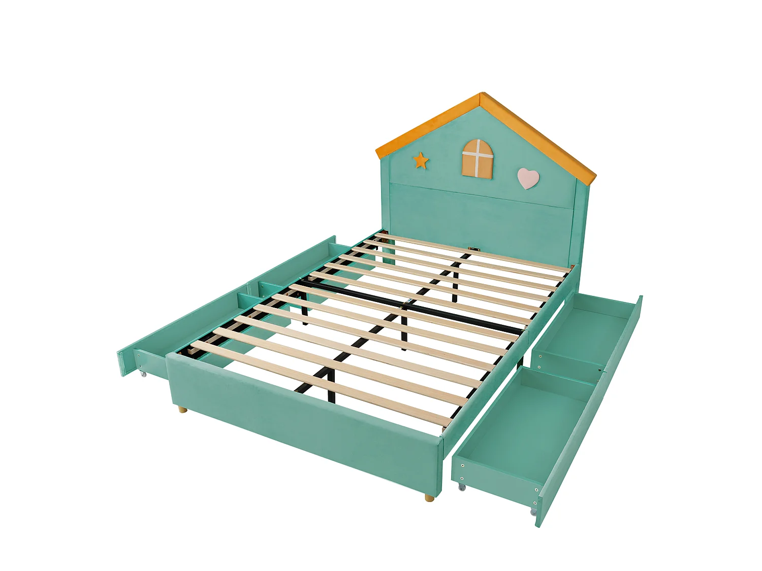 Kinderhausbett 140x200 cm aus blaugrünem Velours, Kopfteil in Hausform, 4 Schubladen, ohne Matratze