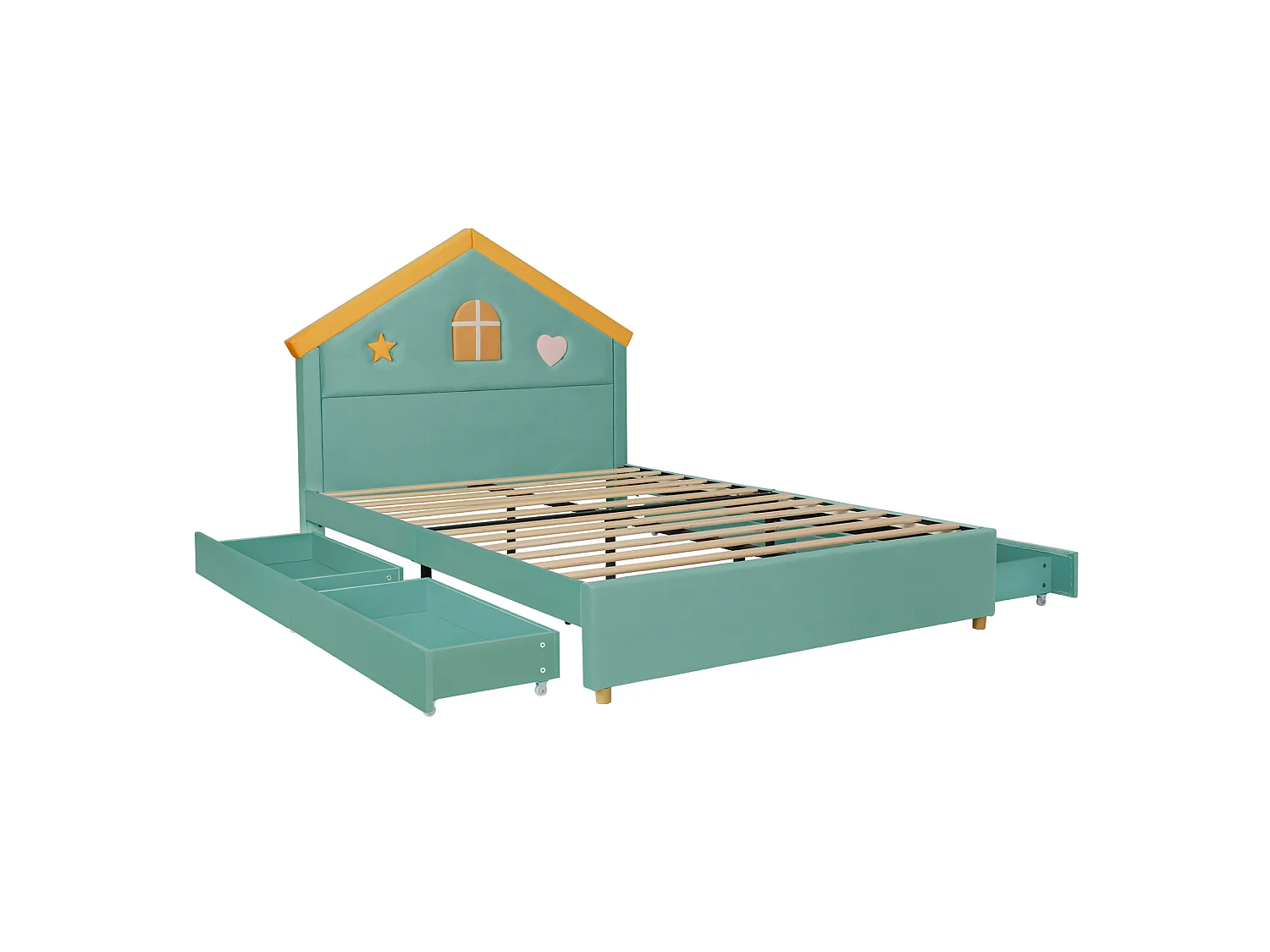 Kinderhausbett 140x200 cm aus blaugrünem Velours, Kopfteil in Hausform, 4 Schubladen, ohne Matratze