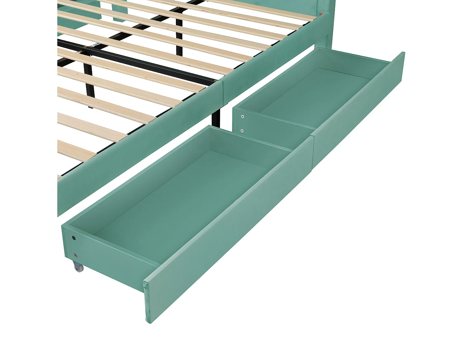 Kinderhausbett 140x200 cm aus blaugrünem Velours, Kopfteil in Hausform, 4 Schubladen, ohne Matratze