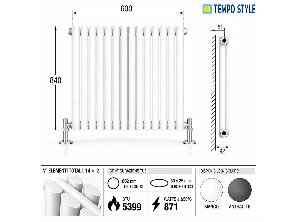 Tempo Style - Radiateur 600x840 mm | 871 W | Radiateur décoratif 5399 BTU, 14x2 éléments - Blanc