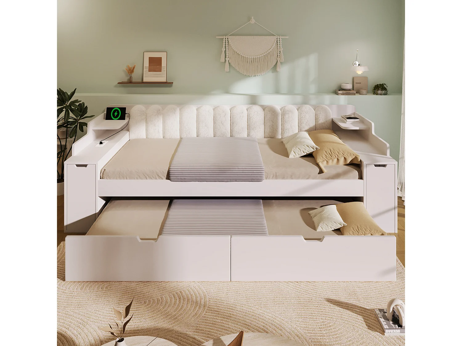 Lit banquette gigogne 90x200 cm avec couchage d'appoint 90x190 cm, ports USB et espace de rangement, blanc, sans matelas