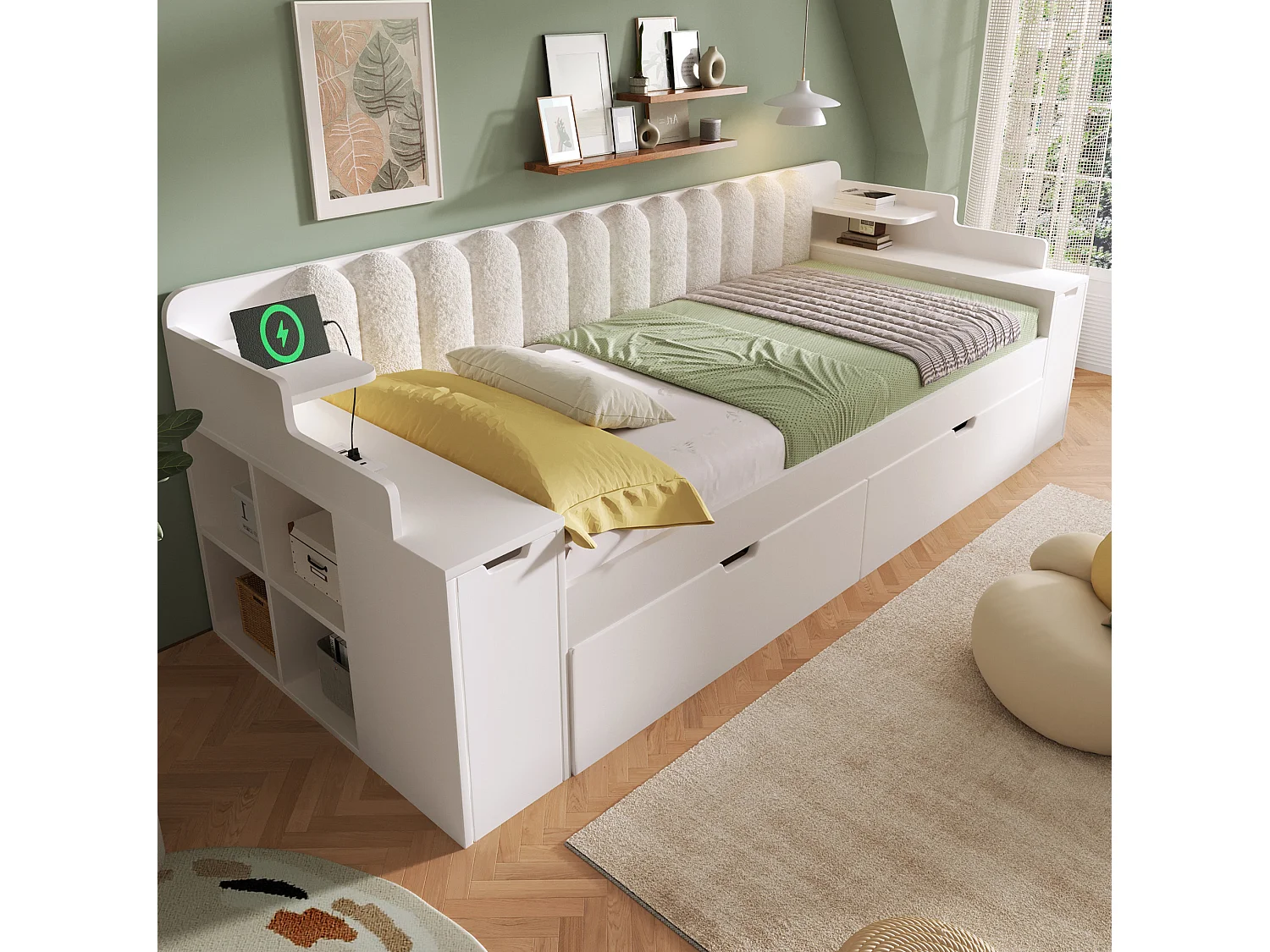 Lit banquette gigogne 90x200 cm avec couchage d'appoint 90x190 cm, ports USB et espace de rangement, blanc, sans matelas