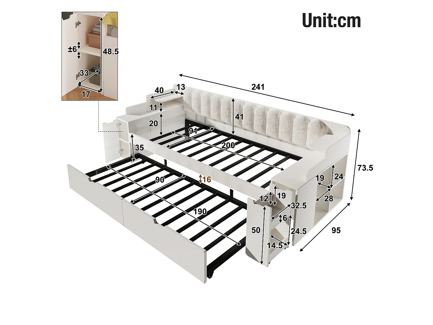 Lit banquette gigogne 90x200 cm avec couchage d'appoint 90x190 cm, ports USB et espace de rangement, blanc, sans matelas