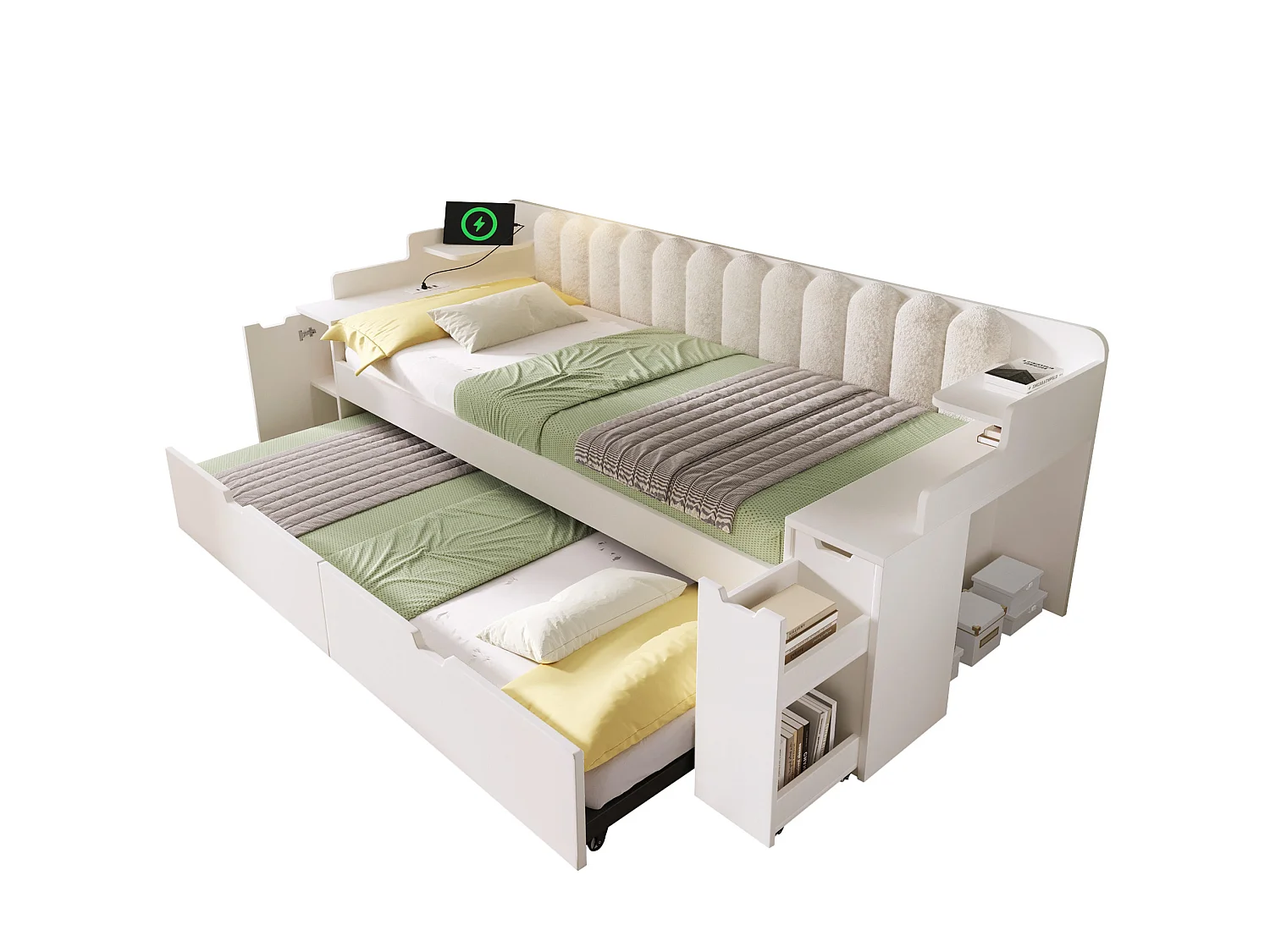 Lit banquette gigogne 90x200 cm avec couchage d'appoint 90x190 cm, ports USB et espace de rangement, blanc, sans matelas