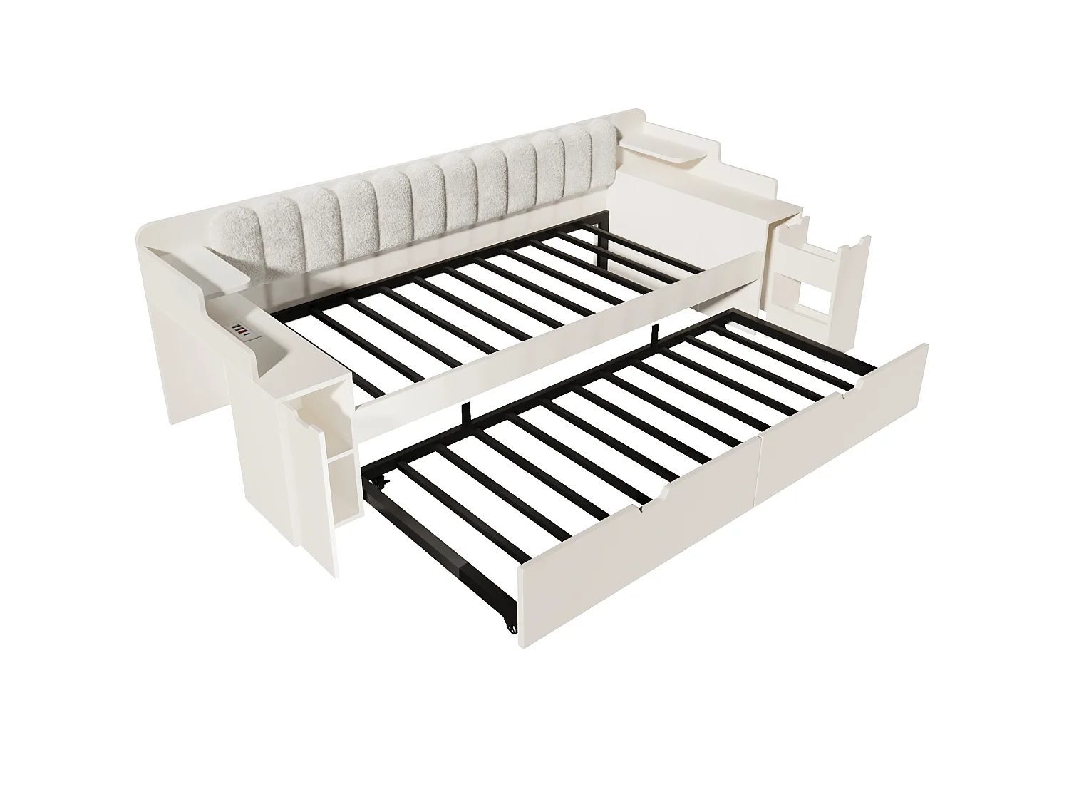 Lit banquette gigogne 90x200 cm avec couchage d'appoint 90x190 cm, ports USB et espace de rangement, blanc, sans matelas