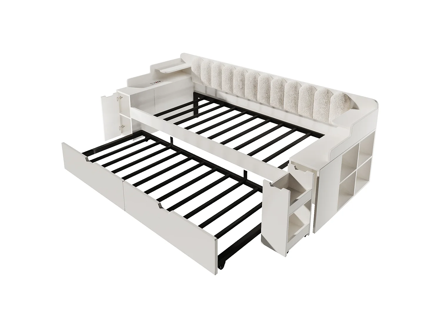 Lit banquette gigogne 90x200 cm avec couchage d'appoint 90x190 cm, ports USB et espace de rangement, blanc, sans matelas