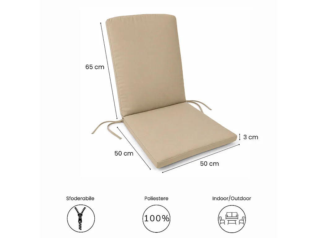 Tempo Style - Cuscino con schienale per sedia 115×50 cm con Laccetti in poliestere – Beige
