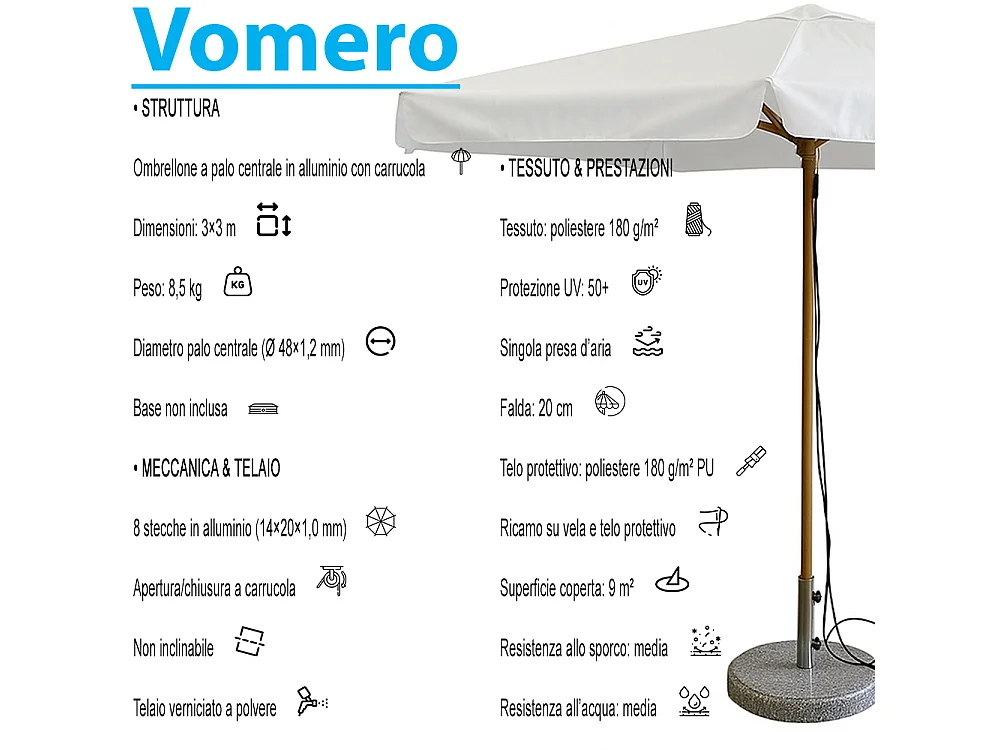 Tempo Style - Ombrellone per esterni Vomero con telo bianco e palo bianco lucido 3 x 3 m