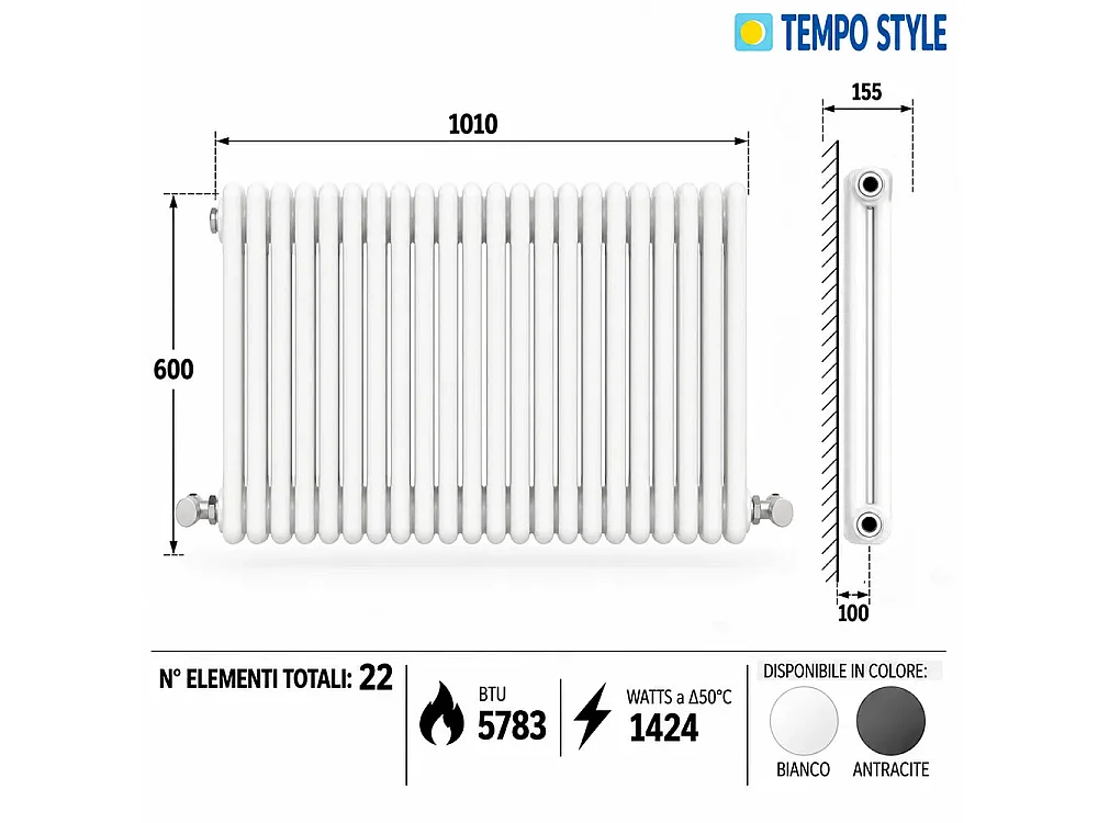 Tempo Style - Radiateur 600x1010 mm | 1424 W | Radiateur décoratif 5783 BTU, 22 éléments - Blanc