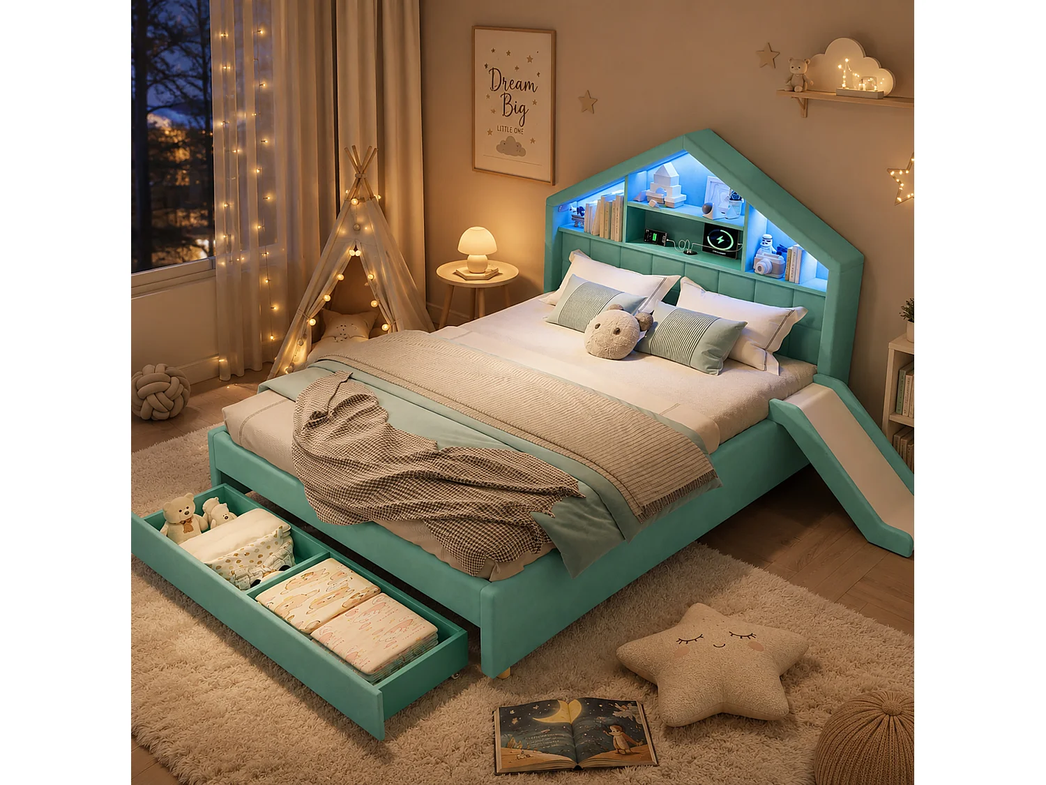Kinderhausbett 140x200 cm aus blaugrünem Velours, umkehrbare Rutsche, LED, Ladeanschluss und Bezug, ohne Matratze