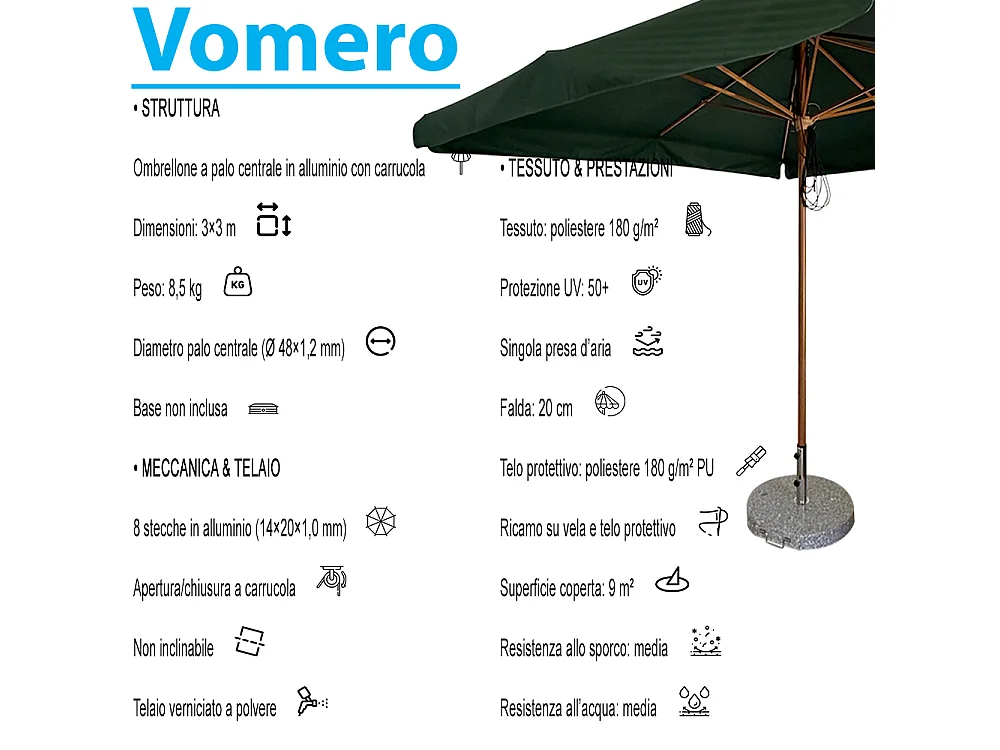 Tempo Style - Ombrellone da Giardino Vomero 3x3 m | Ombrellone da Esterno in Alluminio e Poliestere 180g/㎡ (Verde/Legno Noce)